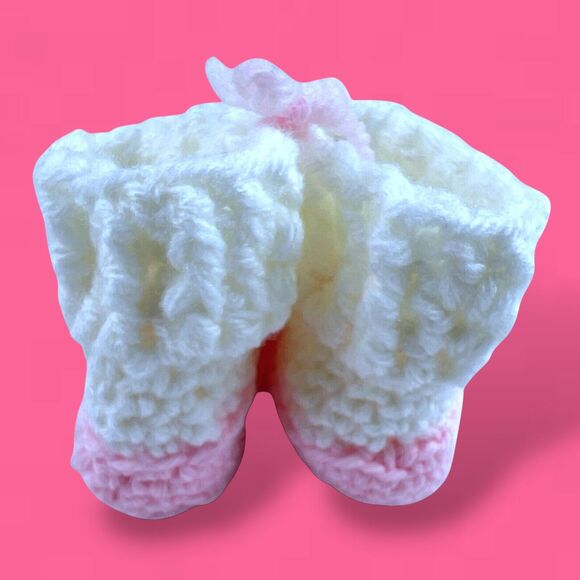 Handmade Crocheted Pink Mary Janes w/ White Socks Vintage Baby Booties NEW - Picture 4 of 6